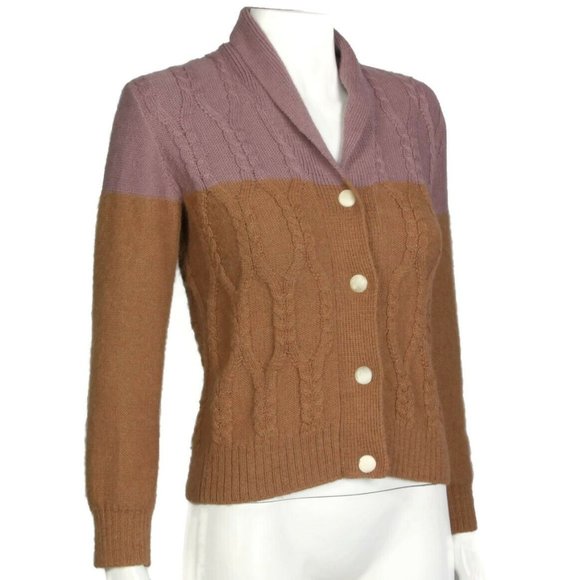 RACHEL COMEY Camel Brown Purple Cable Knit 100% Alpaca Cardigan Sweater sz S 251 - Picture 1 of 3